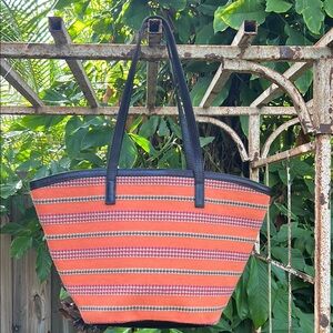 Patricia Nash Large Striped Cotton Tote Bag with leather trim
